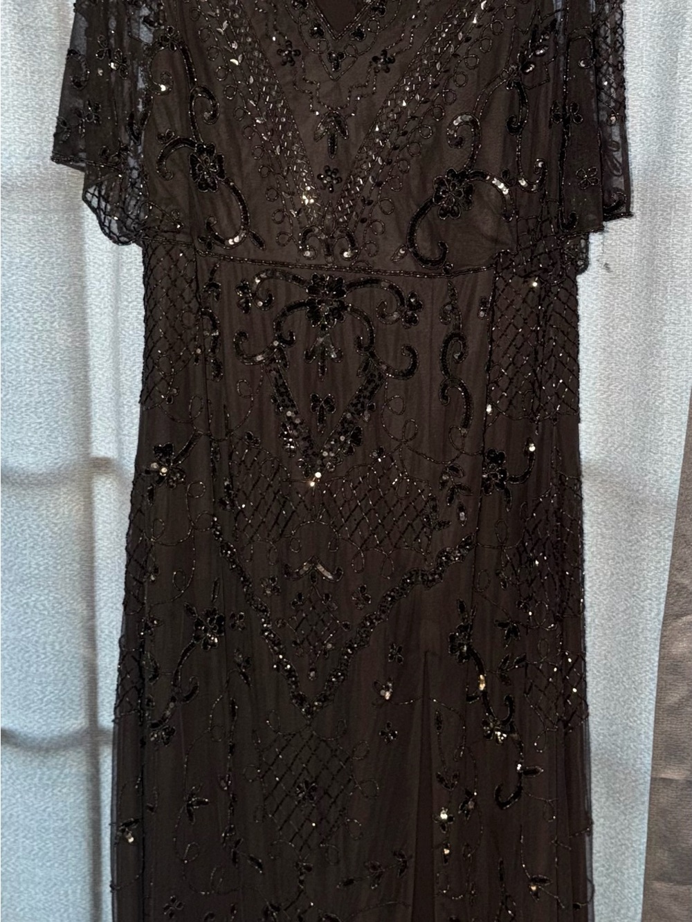 Elegant Beaded Evening Dress color is lead with silver beading